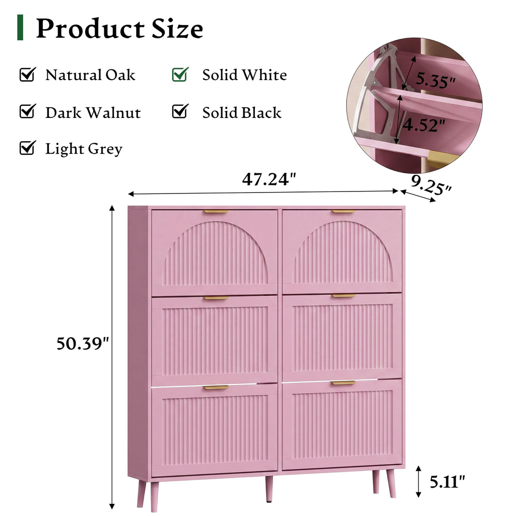 Shoe Storage Cabinet with 6 Flip Drawers, 50" Tall Narrow Wood Fluted Shoe Organizer, Freestanding Wooden Hidden