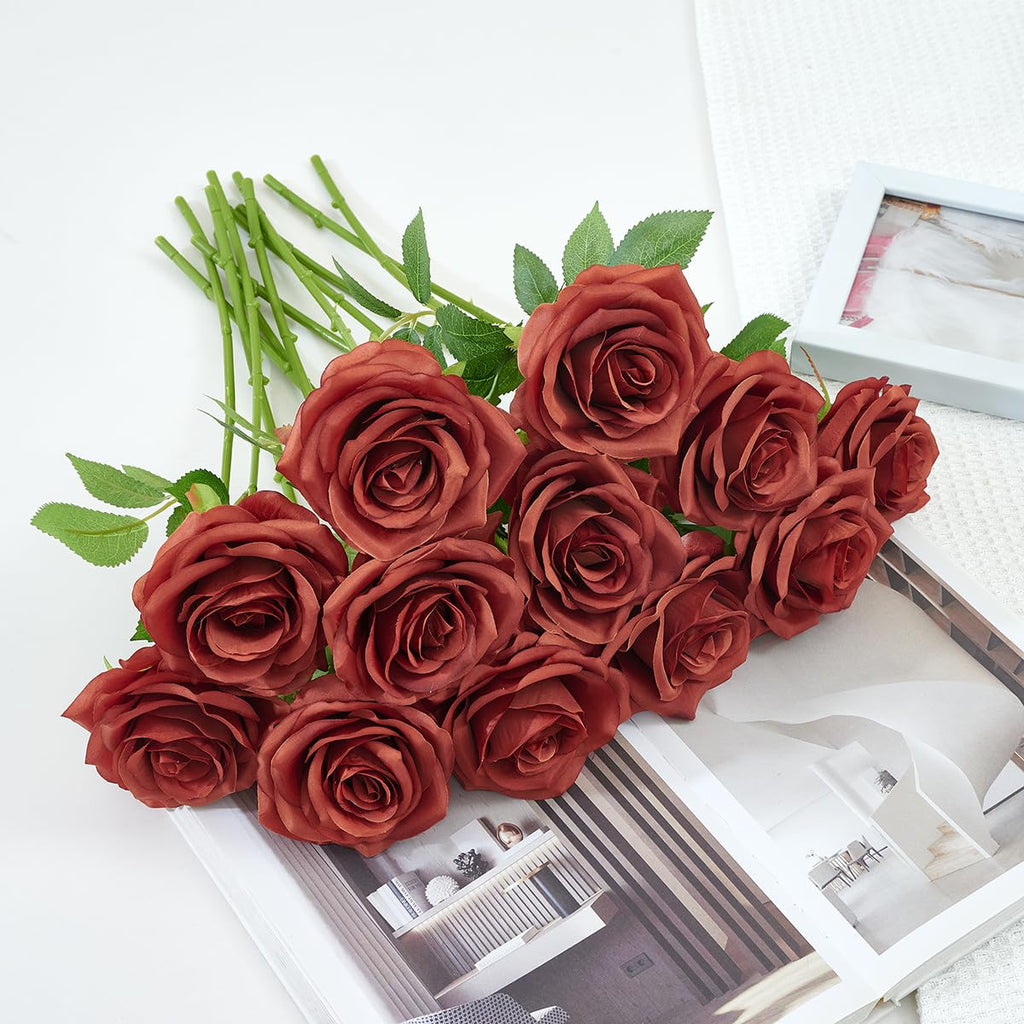 50pcs Burnt Orange Roses Artificial Flowers Bulk, Fake Roses Silk Flower with Stems Realistic Flowers for Wedding