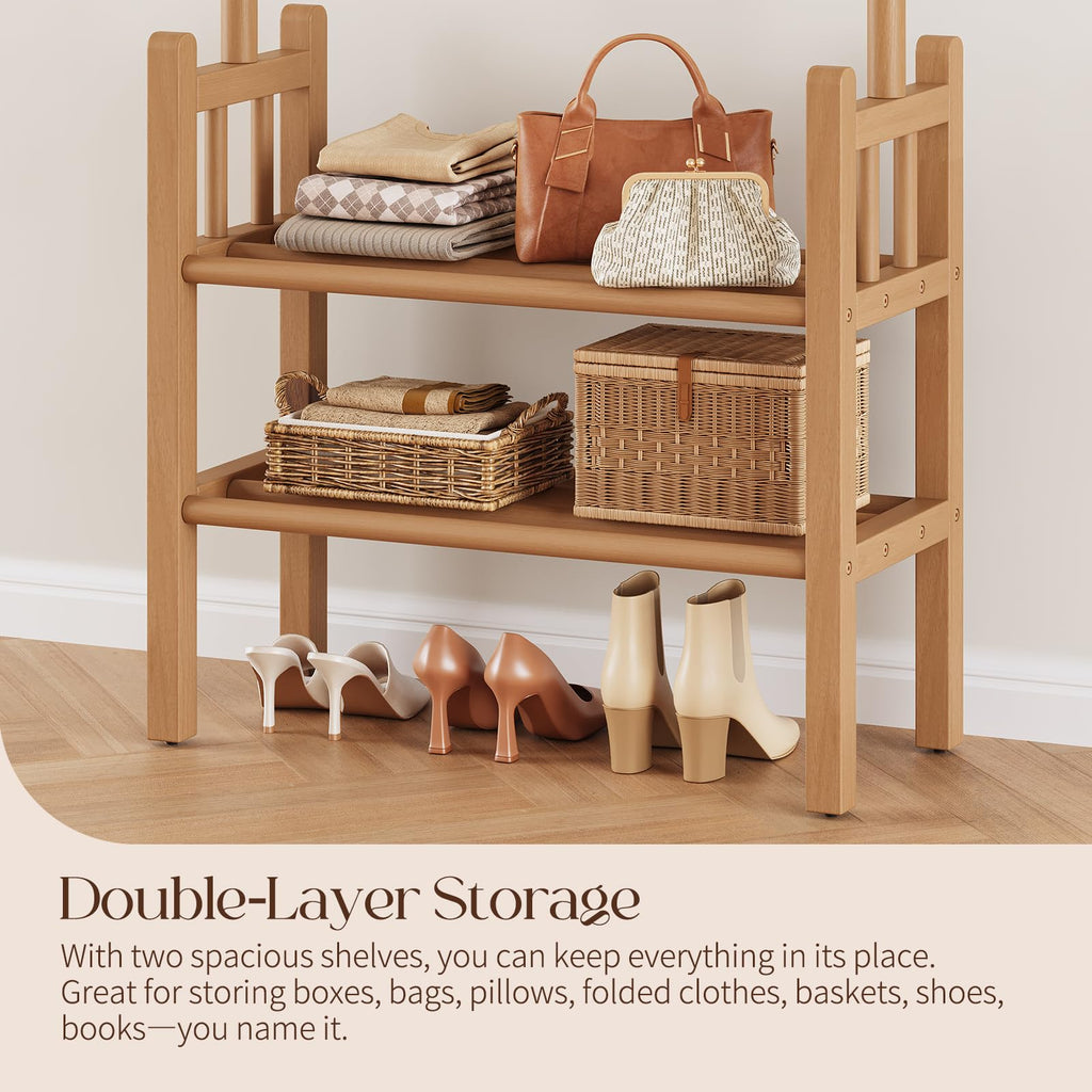 Solid Wood Clothing Rack with Shelves - Coat Rack Freestanding with 6 Hooks, 3-in-1 Hall Tree for Hanging Clothes