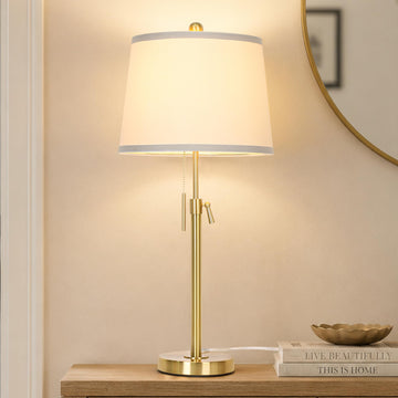 Modern Gold table Lamp 22" to 30"Adjustable Height 3 Brightness Way Brass Nightstand with White Linen Shade Pull