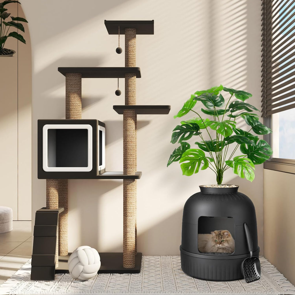 Hidden Plant Cat Litter Box with Stainsteel Scoop, Black