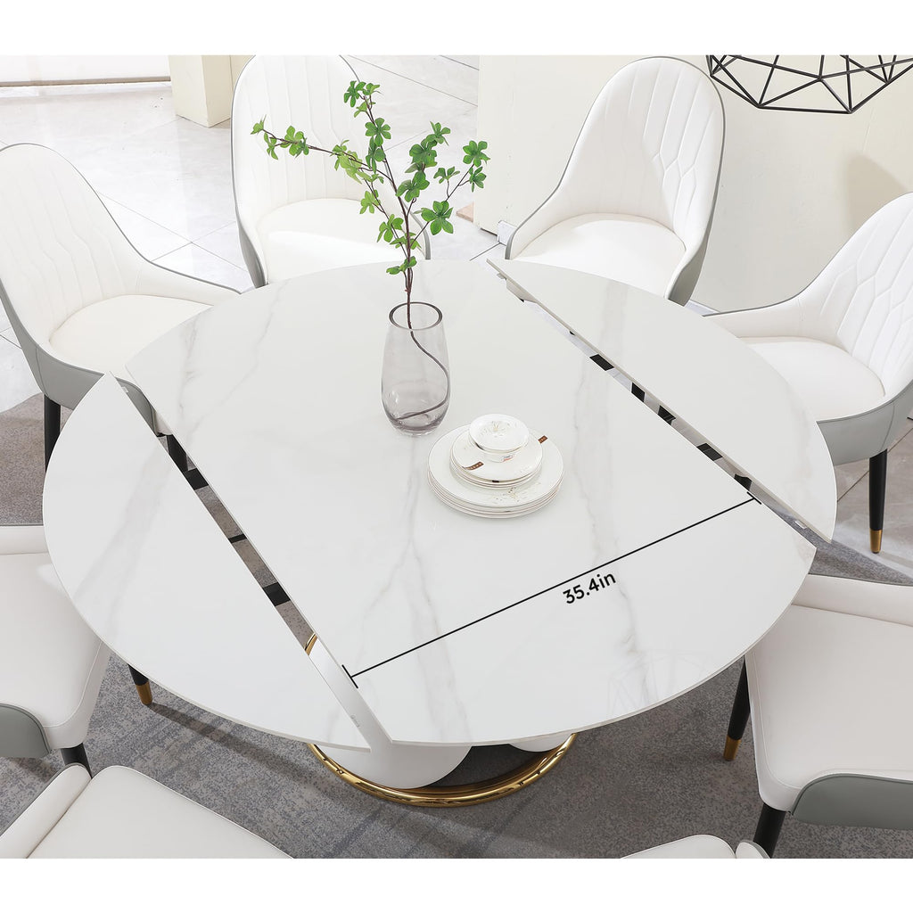 Modern Extendable Dining Table, 59" Round Marble Dining Table, Convertible Rectangular Kitchen Table, White Sintered