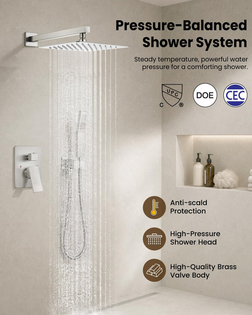 Shower Faucet Set with Handheld Spray Brushed Nickel,10'' Head