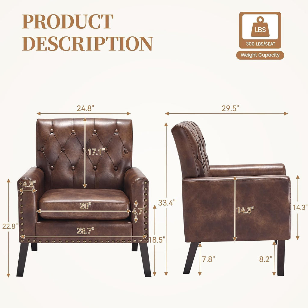 Faux Leather Accent Chair, Modern Upholstered Armchair with Button Tufted Back, Mid Century Comfy Club Chair - Set of 2