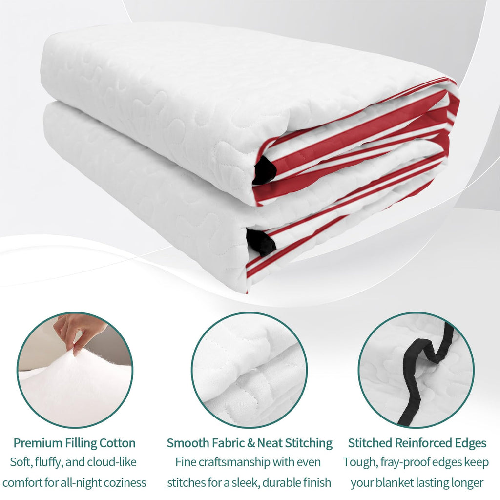 Quilt Set, 3 Piece Bedding Set Red Ticking Vertically Stripe Soft Lightweight Quilt with 2 Pillow