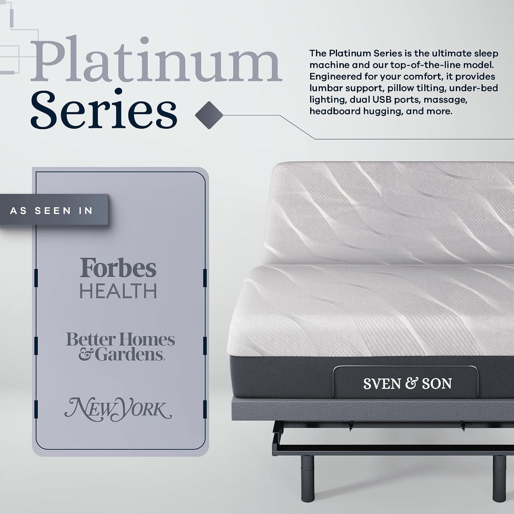 Platinum Adjustable Bed Base Frame Only, Head and Foot Lift, Lumbar Support, Head-Pillow-Tilt, Massage, Under-Bed