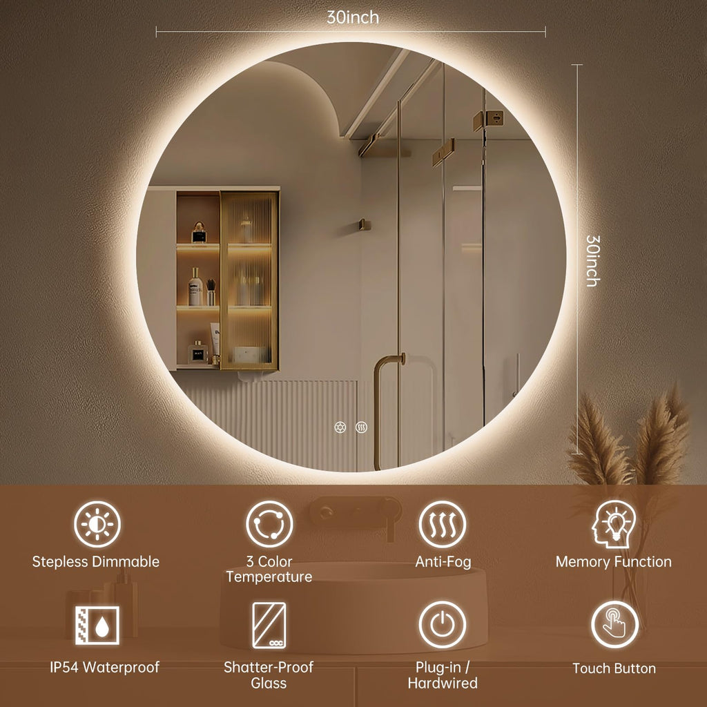 Round Backlit Mirror Bathroom 30", Circle LED Mirror