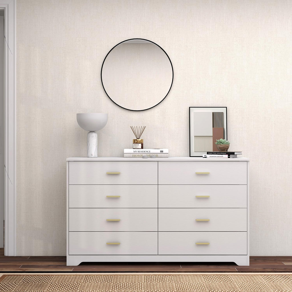 8 Drawer Wood Lateral Dresser, Big Wide Chest of Drawers Storage Organizer with Metal Gold Handles Home Bedroom
