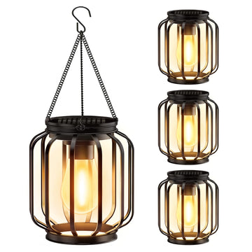 Hanging Lanterns Outdoor Waterproof: 4 Pack Metal Solar-Powered Lights with Hook, Bright Warm Lantern Decor for