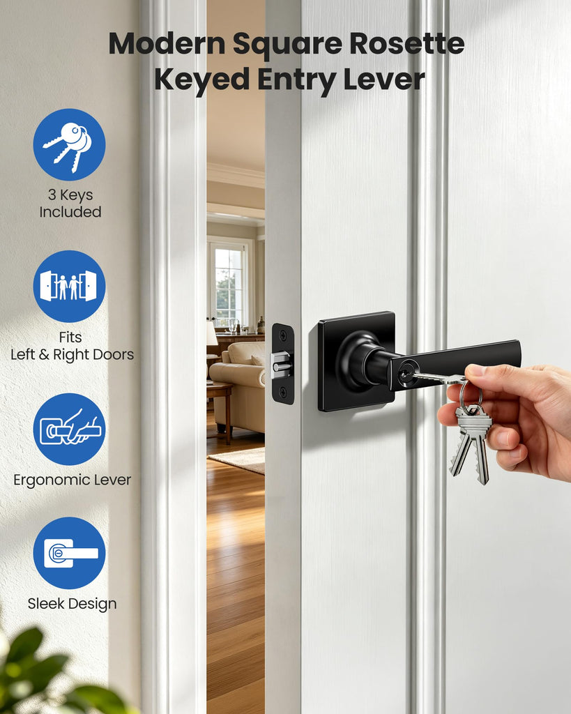 2 PCS Square Keyed Entry Lever, Door Handle with Lock, Matte Black