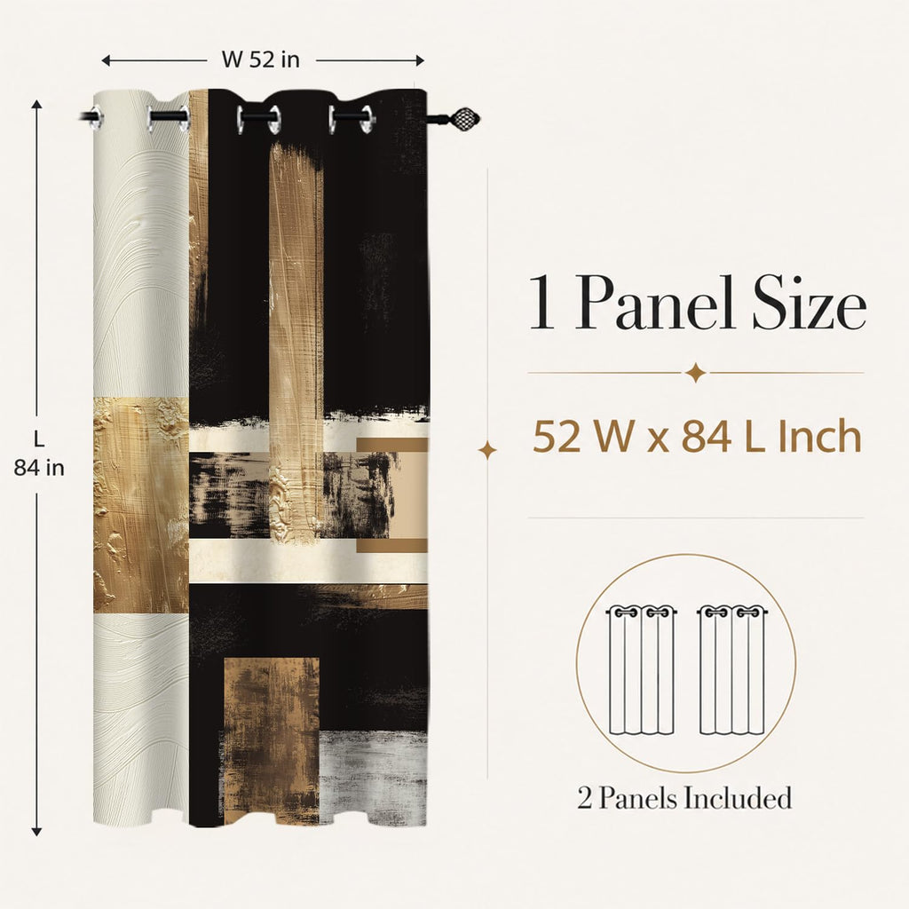 Boho Black Gold Abstract Blackout Curtains, Modern Oil Aesthetic Neutral Contemporary Beige Darkening Thermal