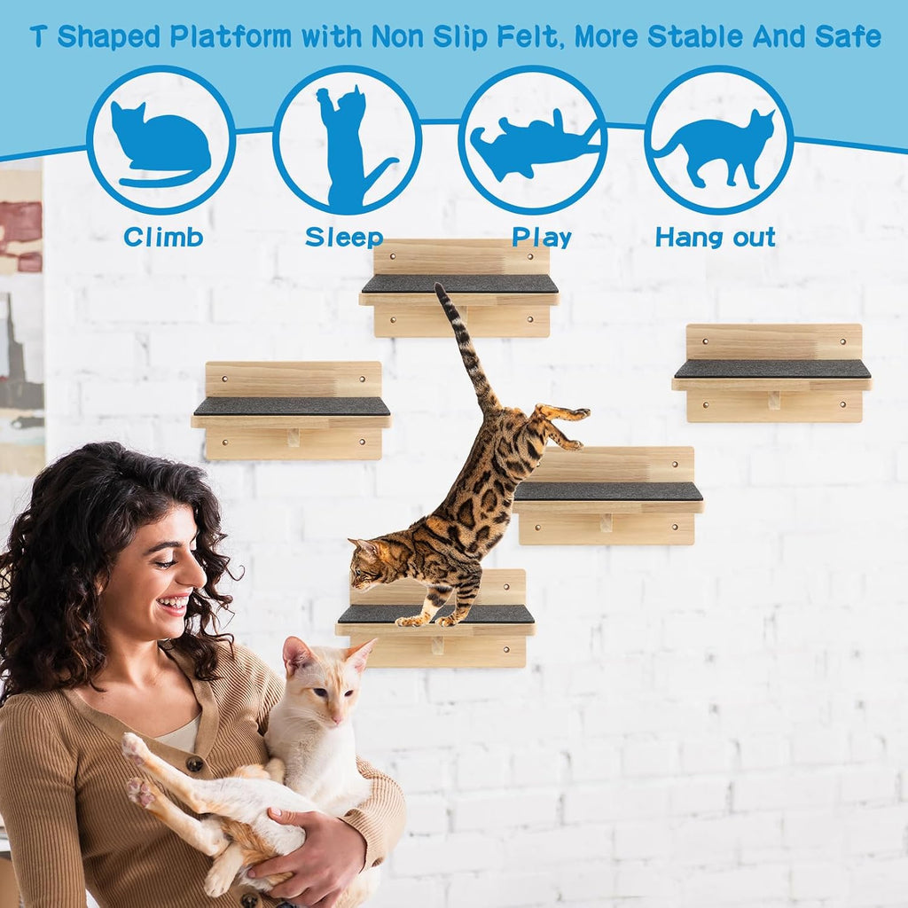 6 Set Cat Wall Shelves, Wood Cat Climbing Step, Wall Mounted, Classic