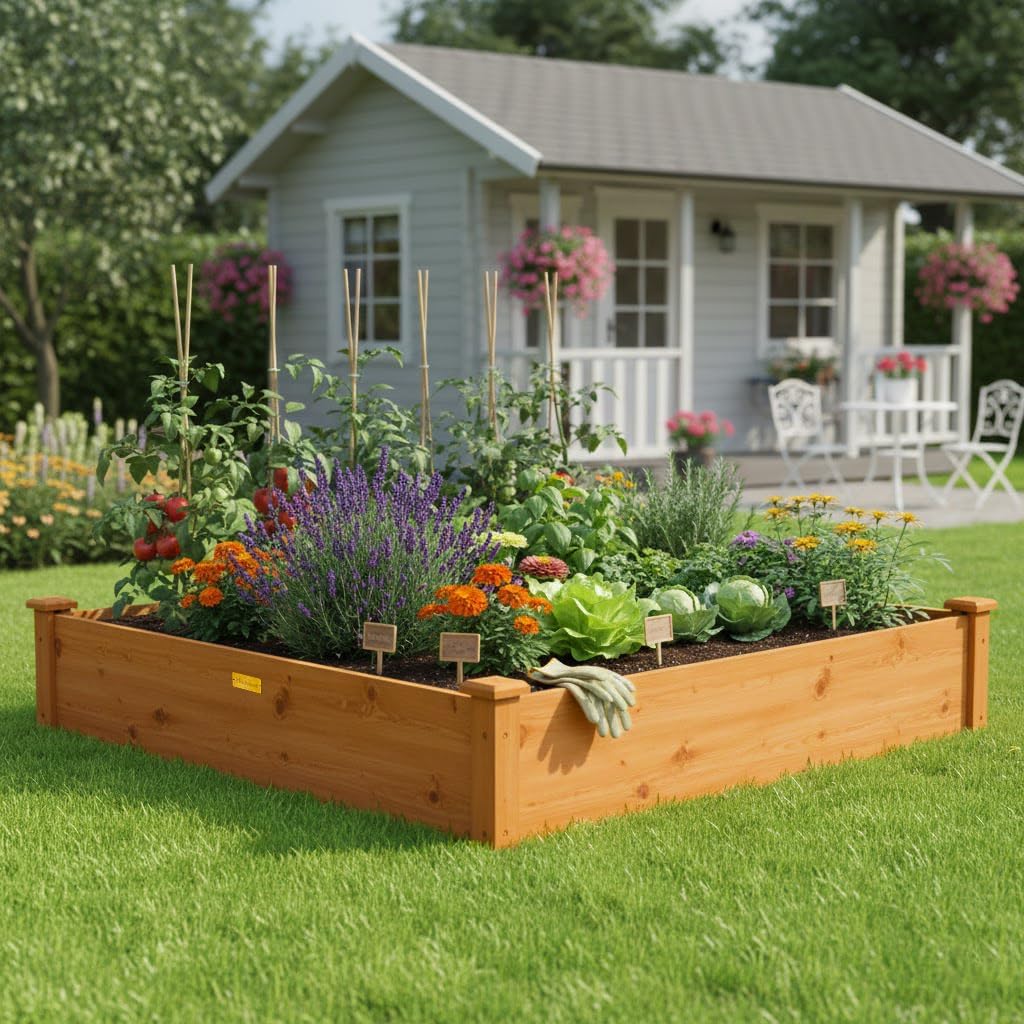 4x4 Raised Garden Bed Wood Frame Planters Wooden Elevated Planting Planter Box for Outdoor Herb Vegetables Flowers