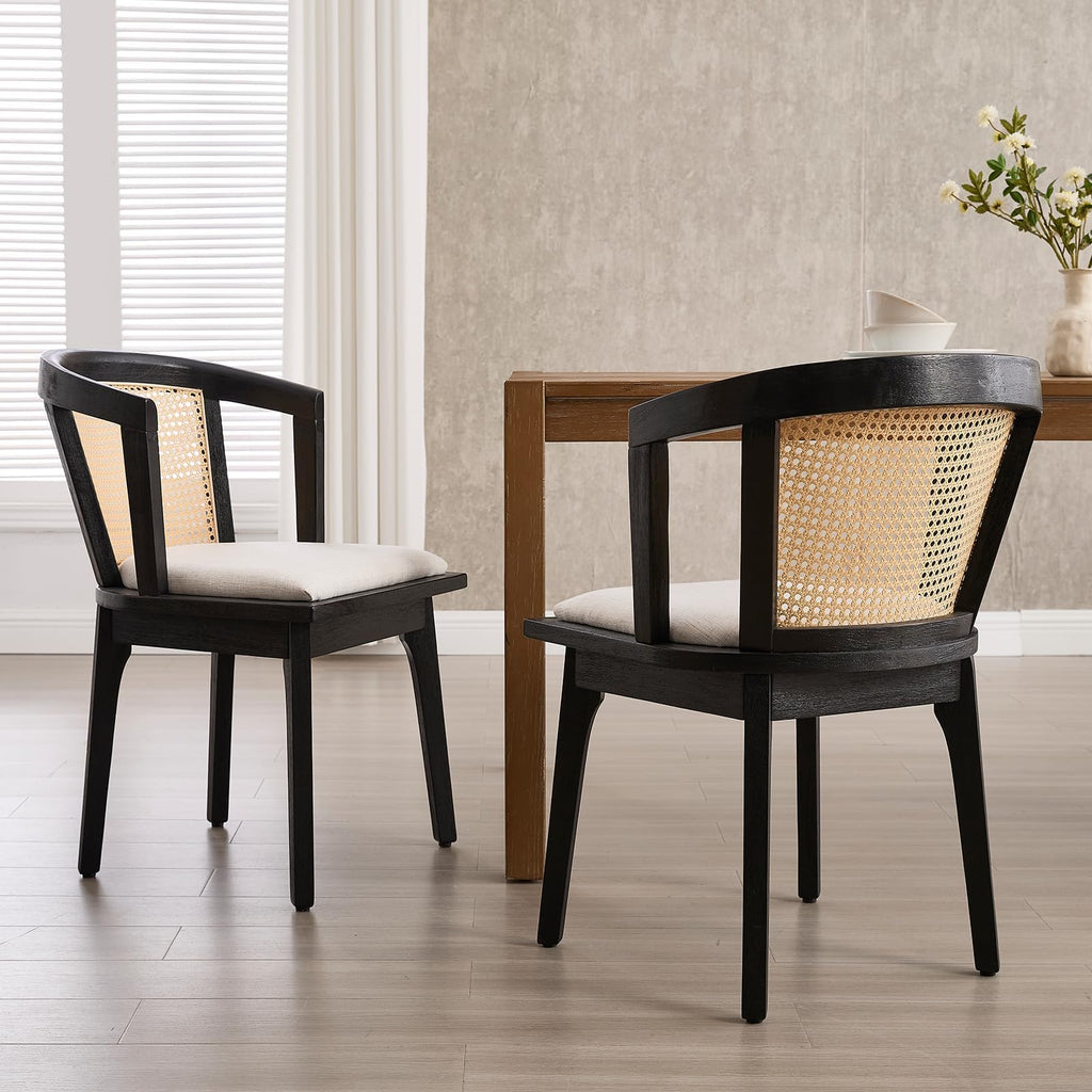 Modern Rattan Dining Chair Set of 4 Farmhouse Semi Barrel Dining Room Chair Wooden Upholstered Chair Oak Finish