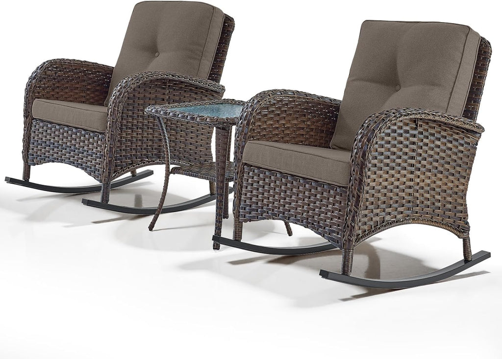 Wicker Porch Rocking Chairs - 3 Pieces Patio Bistro Set High Back Outdoor Rocker Chairs Set with Side Table for Deck