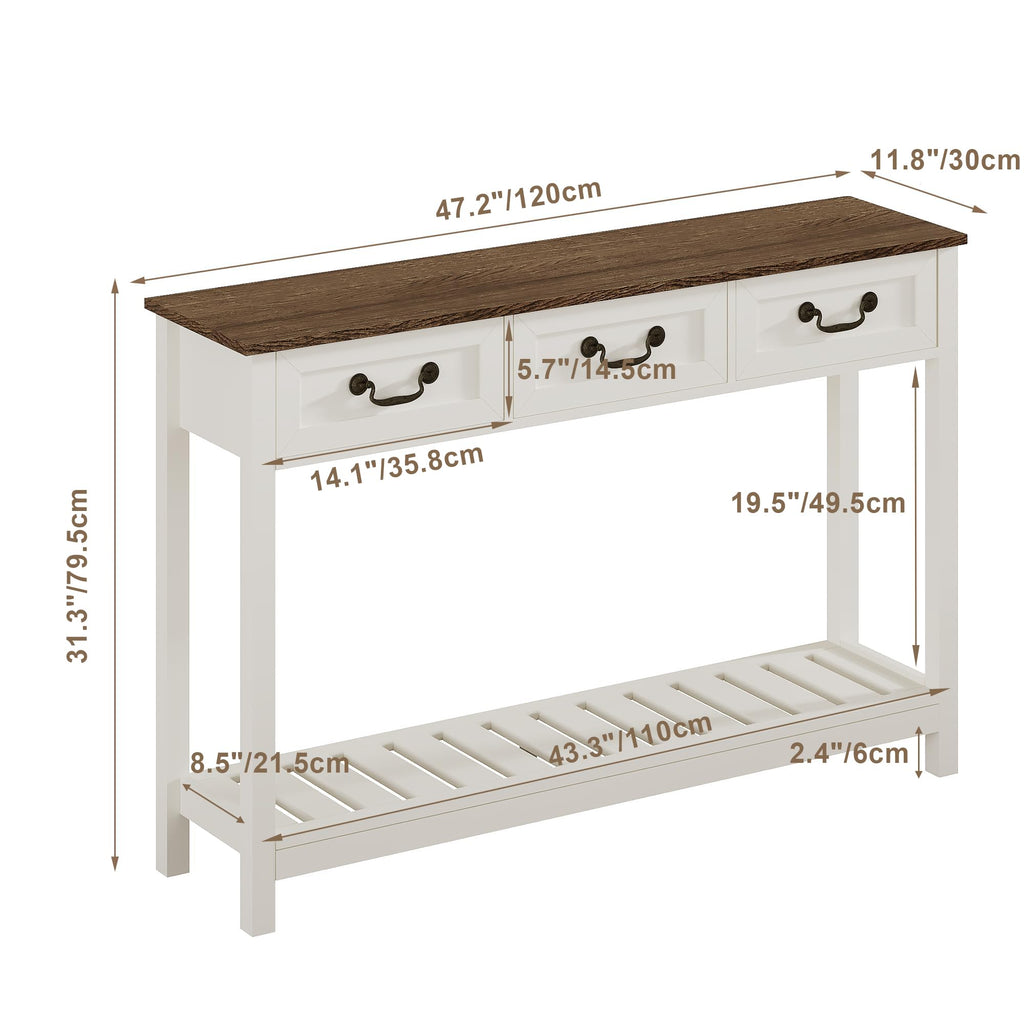47" Farmhouse Entryway Table with 3 Drawers and Storage Shelf