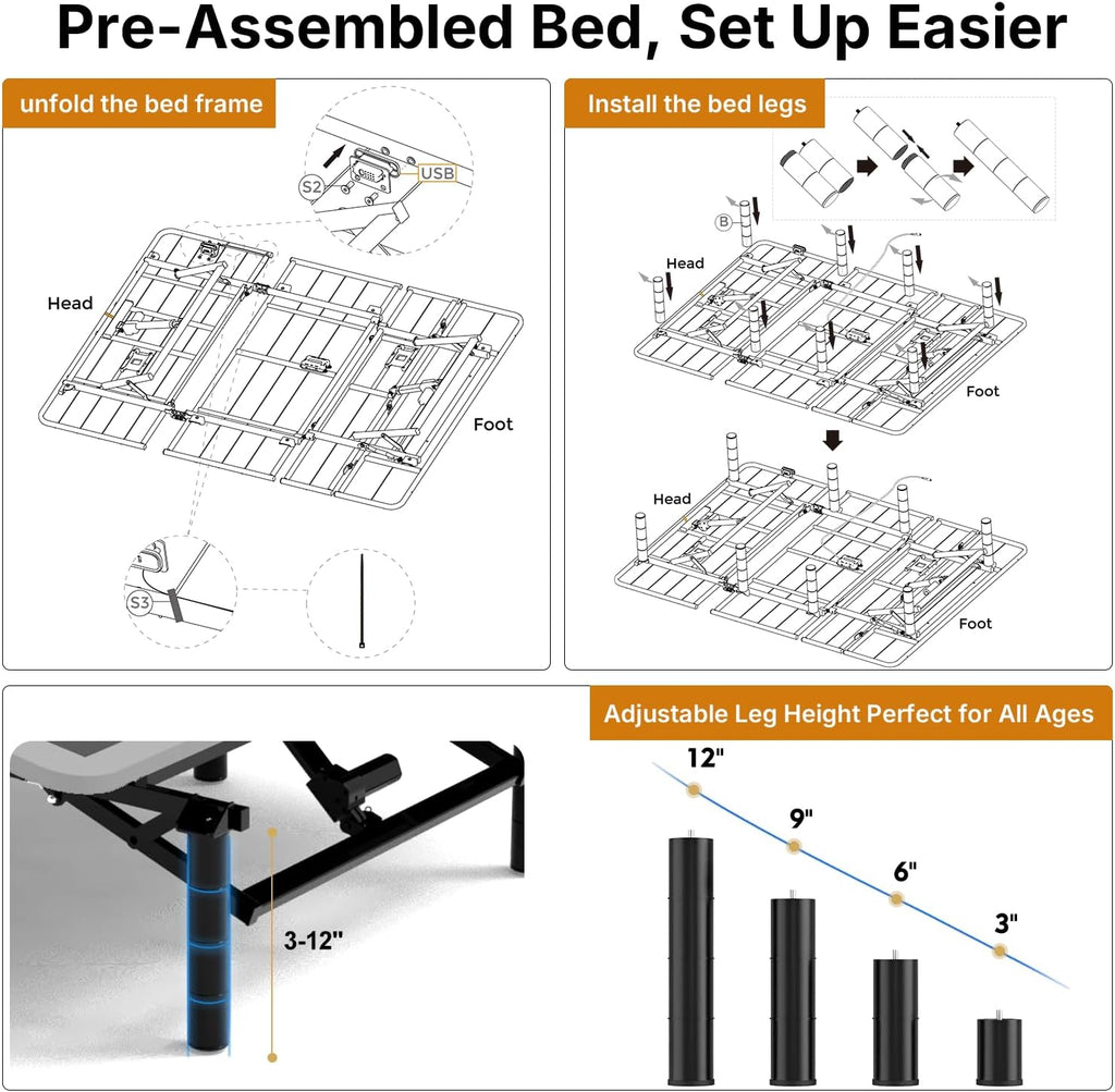 Adjustable Bed Frame Queen Size for Seniors (Grey, Easy Assembly)