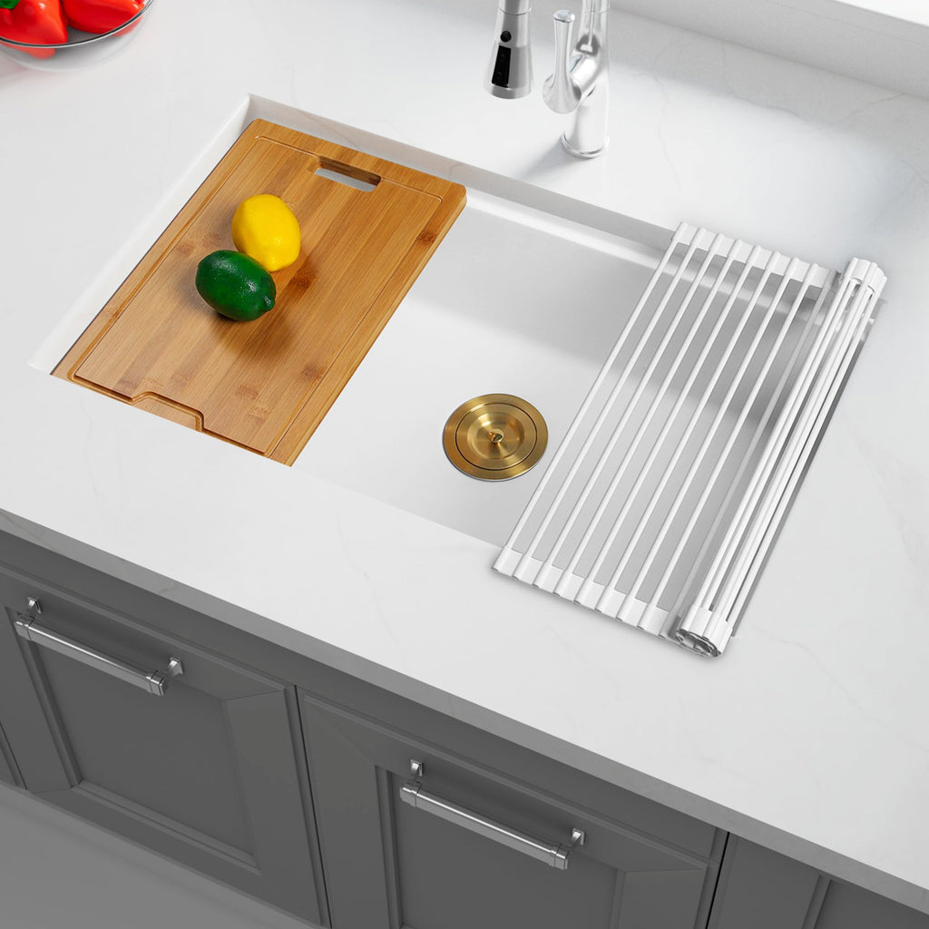 White Undermount Kitchen Sink 30 Inch, Workstation Granite Sink