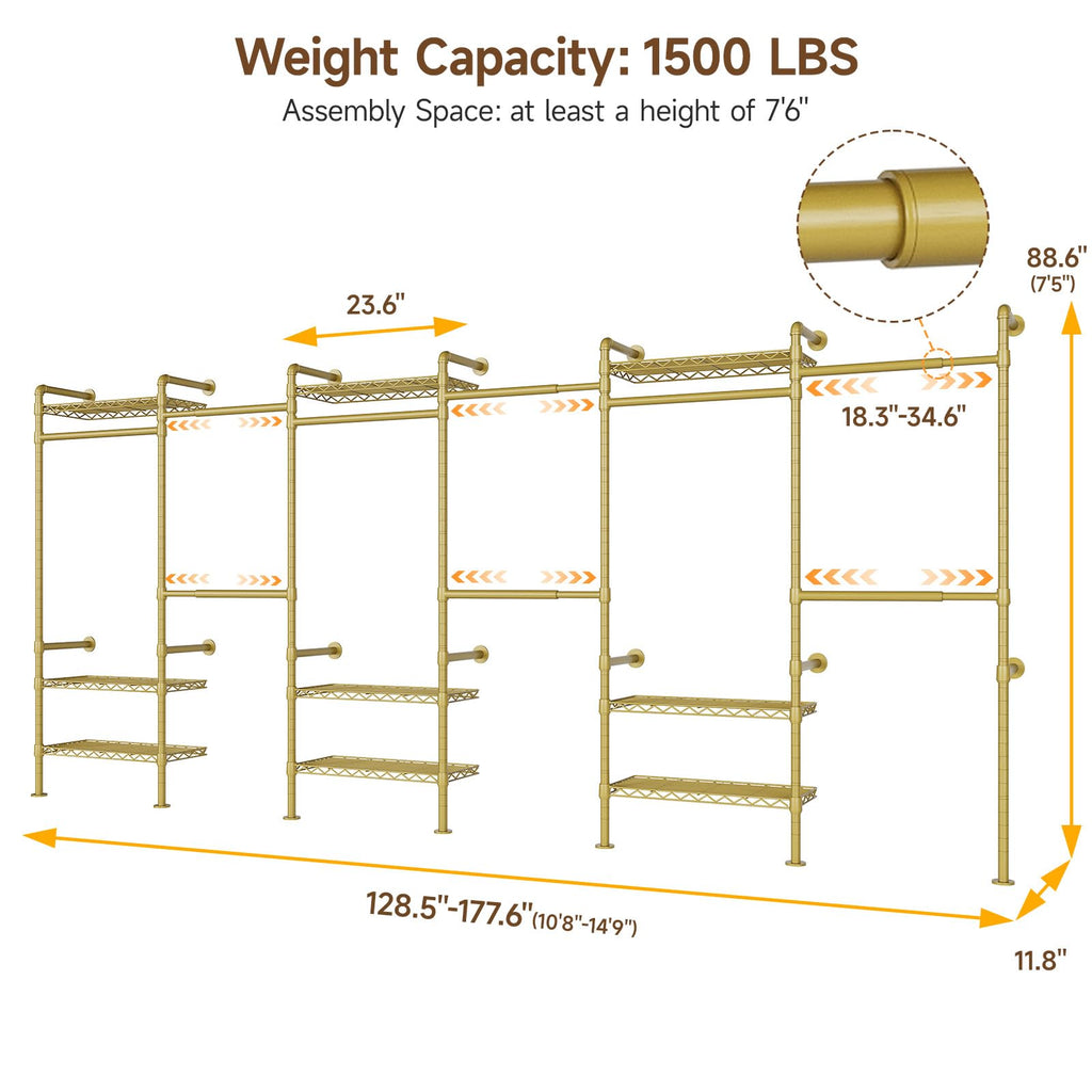 H6 Wall Mounted Closet System, Industrial Pipe Clothes Rack, Gold