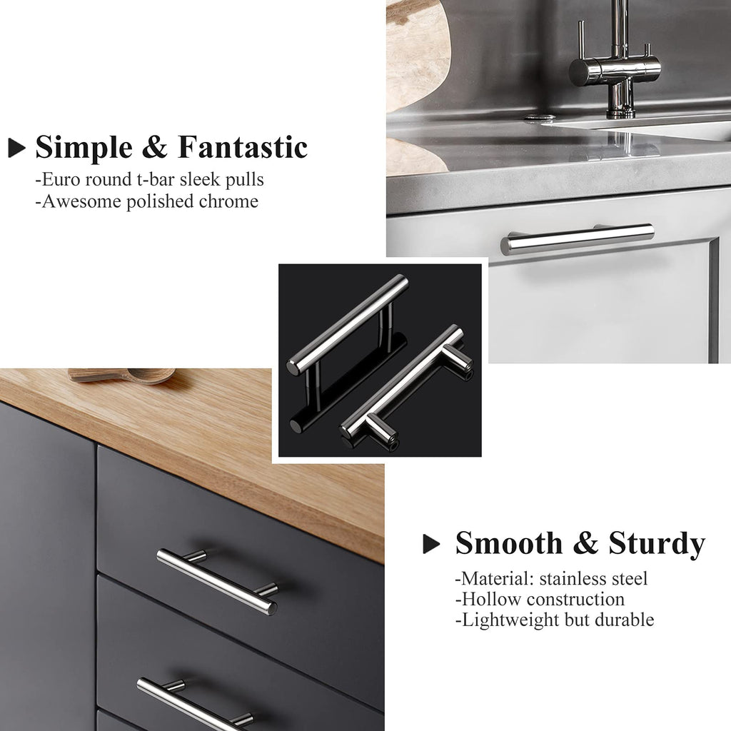 30 Pack 3 Inch Polished Chrome Cabinet Handles, 5 Inches Total Length Euro T Bar Handle Pulls, Stainless Steel