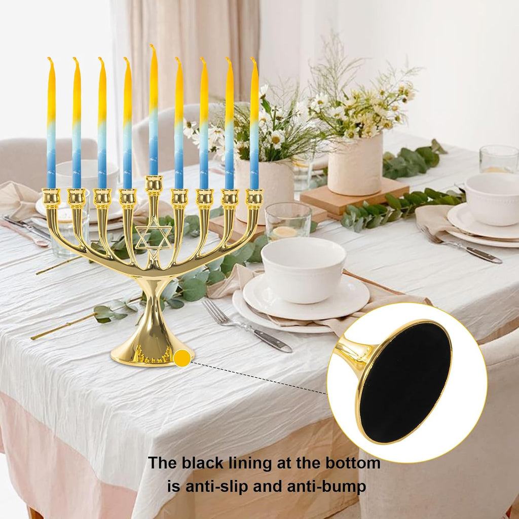 Hanukkah Upgrade Cups with Built-in Pins, Star of David Candle Holders 9 Branches Gold Plated Candlesticks Jewish