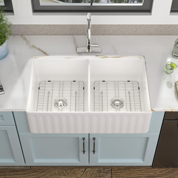 33 White Farm Sink Double Bowl - 33"×20" Apron Front Farmhouse Sink Reversible Double Bowl 50/50 Ceramic Porcelain