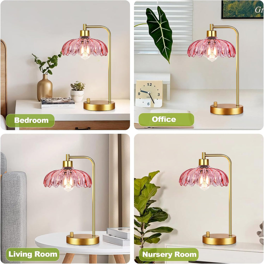 Pink Table Lamp Set of 2, Small Gold Bedside Lamps Dimmable Boho Bedroom Lamp with Tulip Flower Glass Lamp