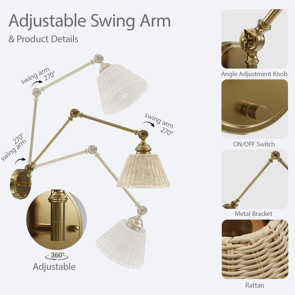 Plug in Wall Sconce, Gold Adjustable Swing Arm Wall Lamp, 1 Pack