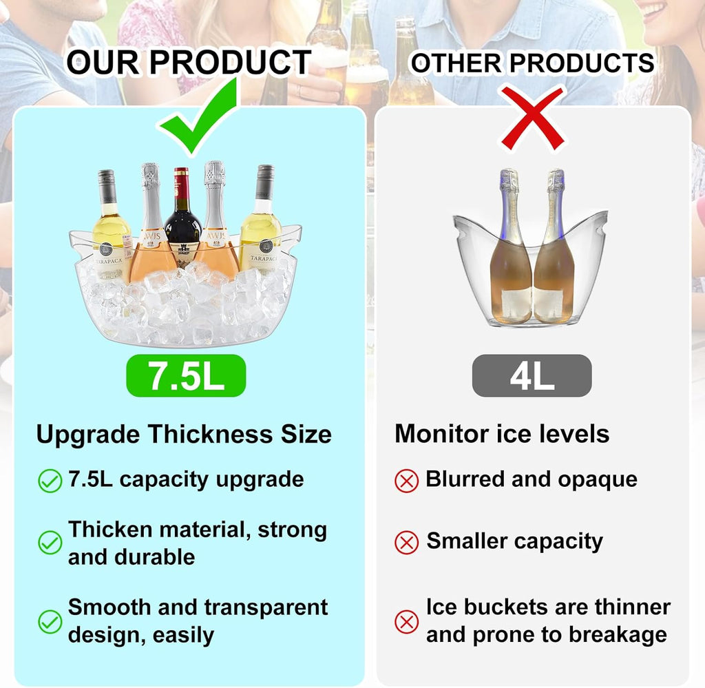 7.5L Ice Buckets for Parties, 2-Pack Clear Beverage Tub, Champagne Bucket - Set of 2
