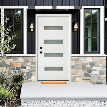 Fiberglass Exterior Front Door 36x80In, Right-Hand Inswing Featuring 4-Lite Frosted Glass White Primed Knock-Down