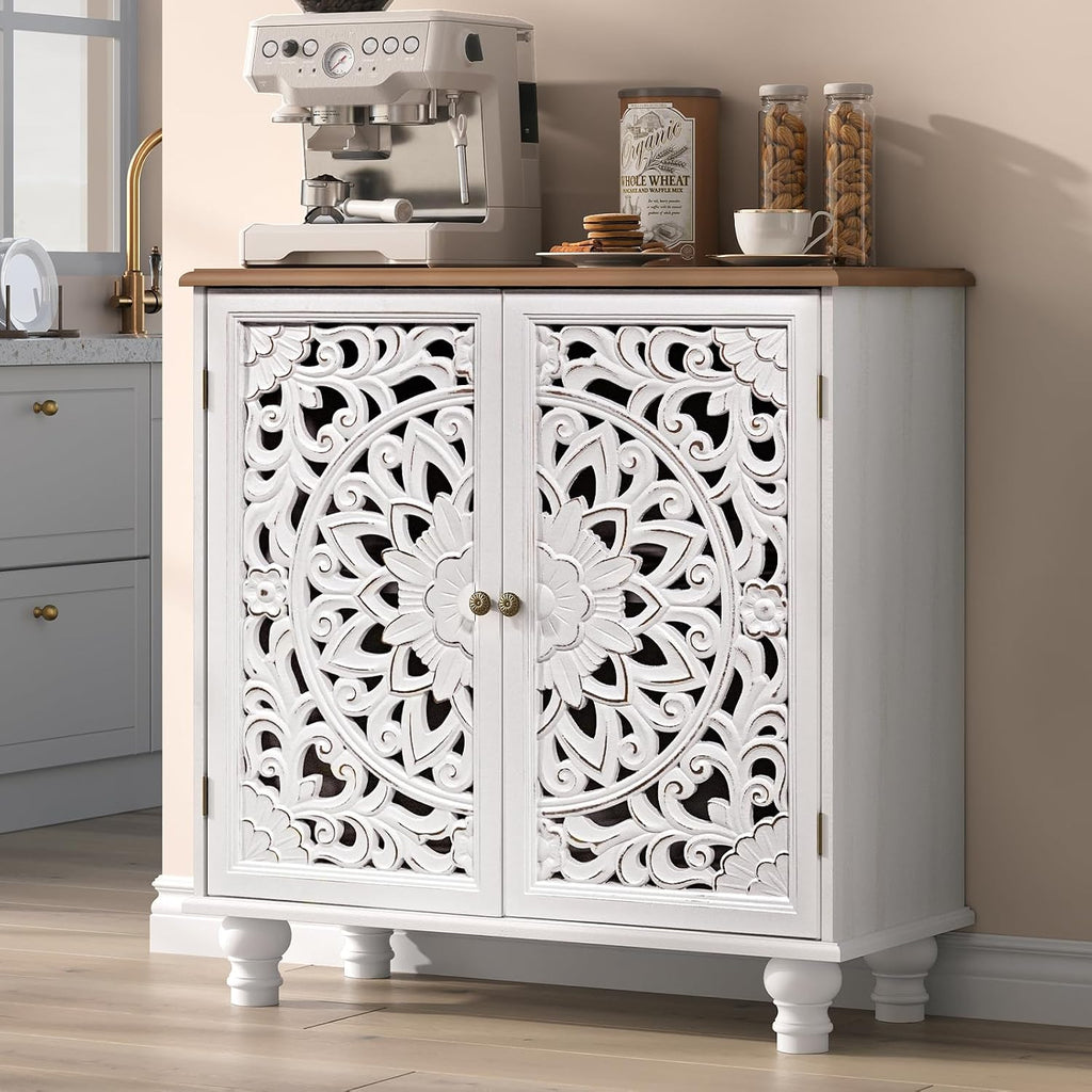 Accent Cabinet with Doors, Decorative Storage Cabinet with Adjustable Shelf, Carved Sideboard Buffet with Solid Wood