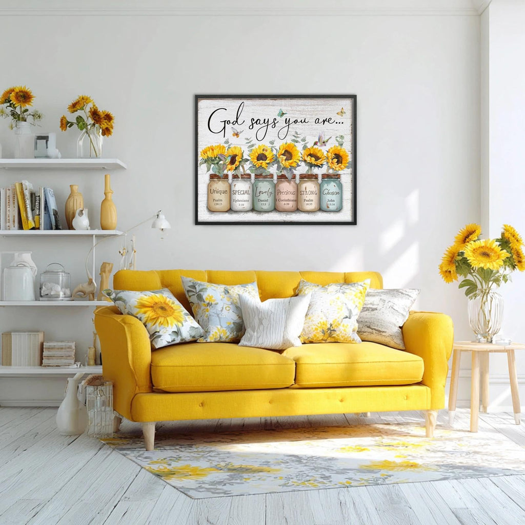 Inspirational Bible Verse Wall Art: God Says You Are Wall Sayings Sunflower in Mason Jar Picture Print Christian Gift