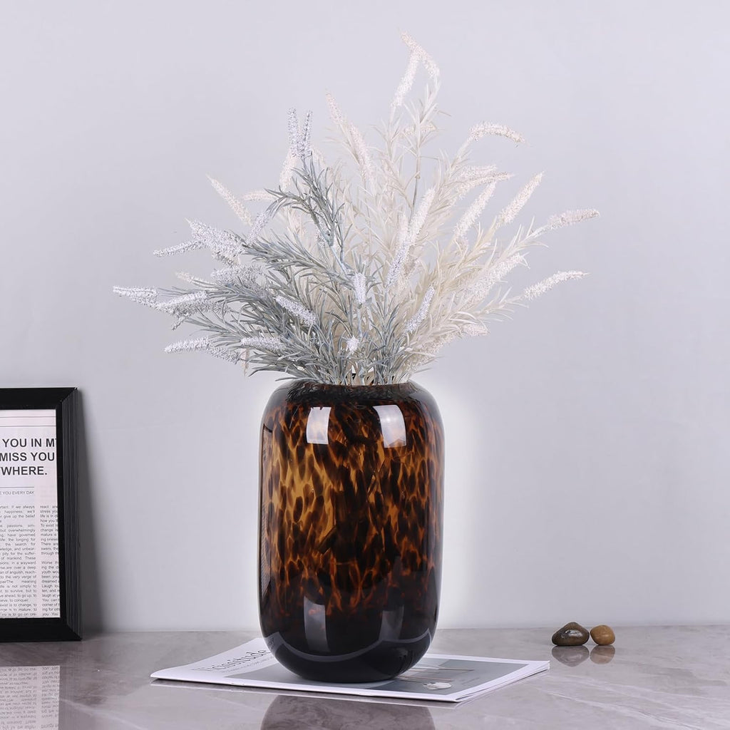 Amber Brown Glass Vase - Round Art Glass Vase with Tortoise Shell Pattern, Hand Blown Wide Mouth Decorative