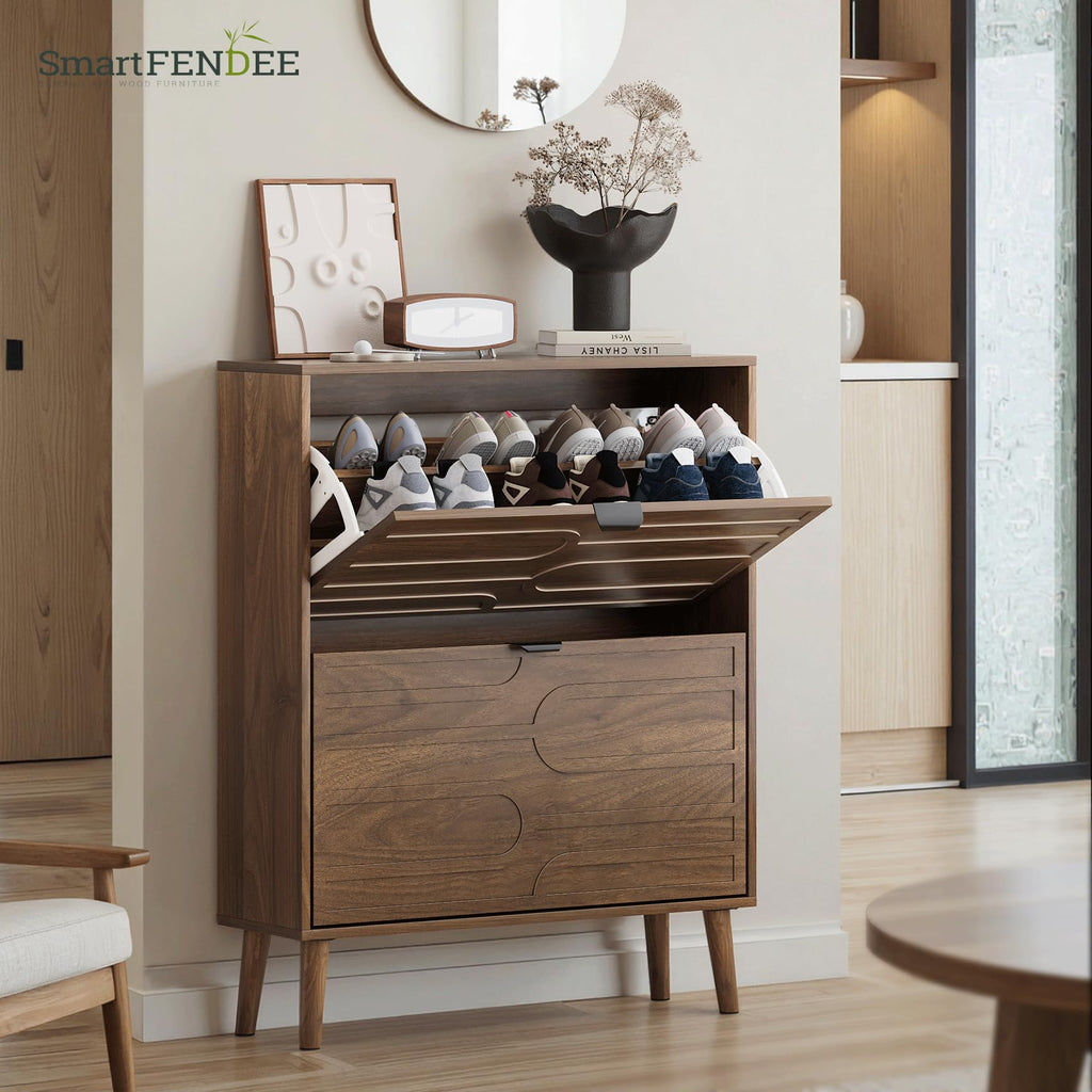 Shoe Cabinet with 2 Flip Drawers, Freestanding Shoe Storage Cabinet with Fluted Panel Design, Hidden Shoe Organizer