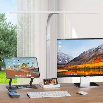 LED Desk Lamp with Base - Bright Dimmable Computer Lamp with Phone Holder, 24W Bendable Desk Light for Monitor