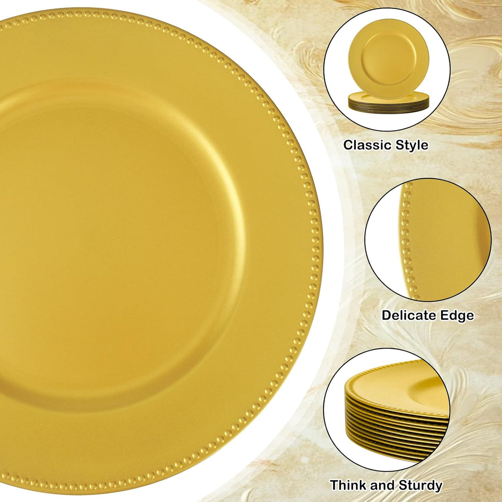 13" Gold Charger Plates, Plastic Chargers for Dinner Plates - Set of 12