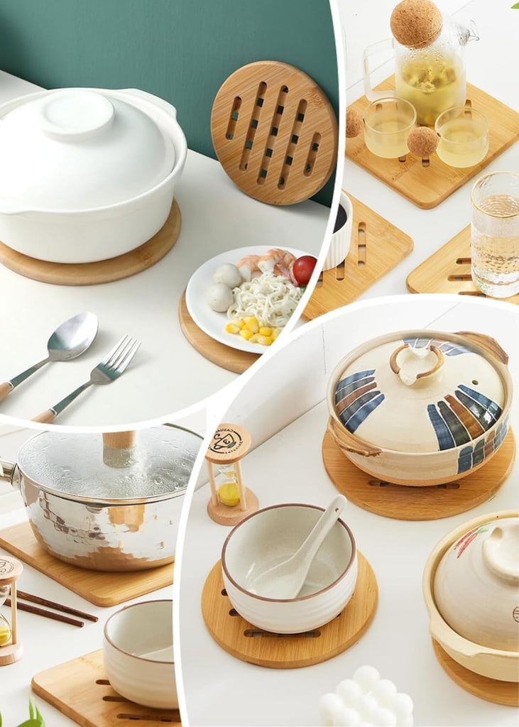 Hot Pads Trivet,Table Solid Bamboo Wood Trivets for Hot Dishes and Pot with Non-Slip Pads Heat Resistant Pads Teapot - Set of 4