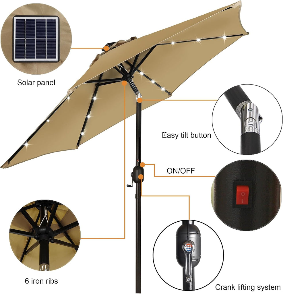 7.5 ft Solar Umbrella, 18 LED Lighted Patio Umbrella, Table Market Umbrella - Tan