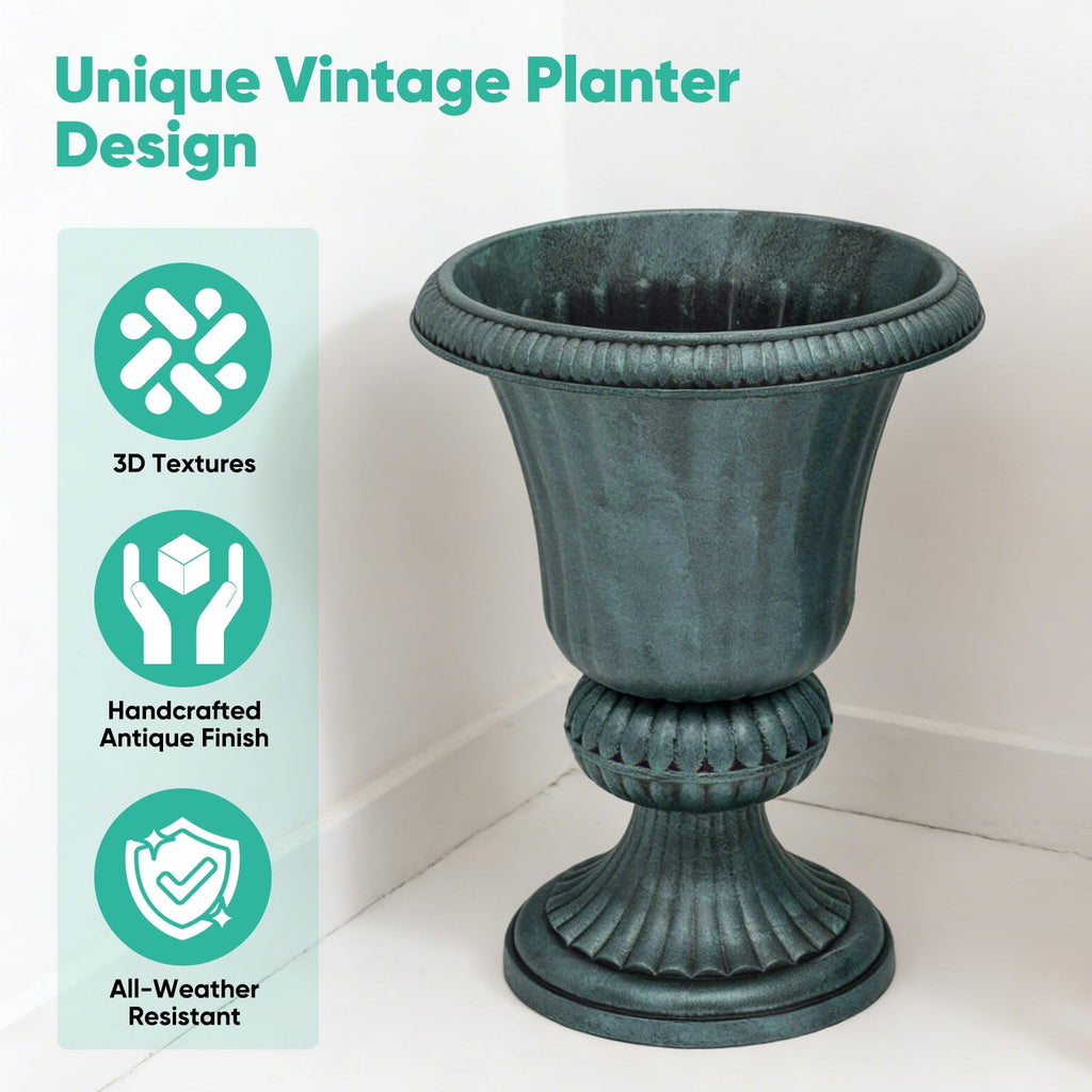 20" Tall Urn Planters for Outdoor Plants, 2 Pack, Green