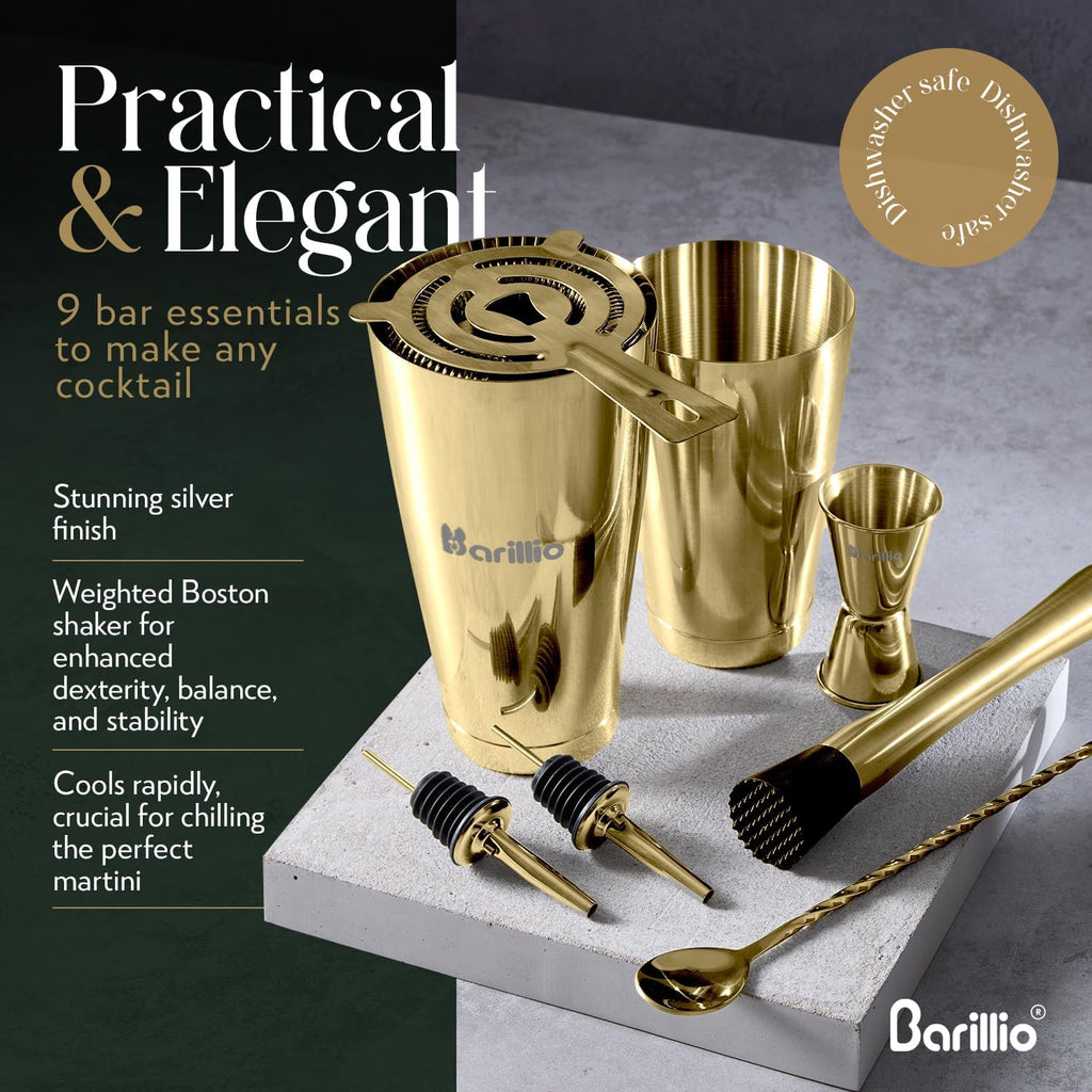 Gold Boston Shaker Set - Stainless-Steel, Weighted Martini Cocktail Shaker Set w/Strainer & Drink Mixer - Mixology - Set of 9