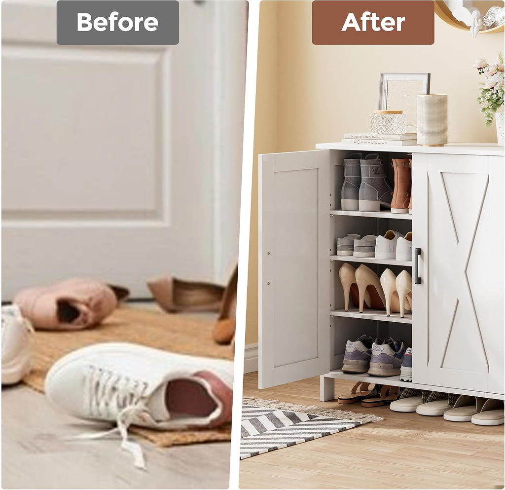 Farmhouse Shoe Cabinet with 2 Barn Doors & Wood Legs, 5-Tier Shoe Storage Cabinet with 3 Adjustable Shelves, Tall