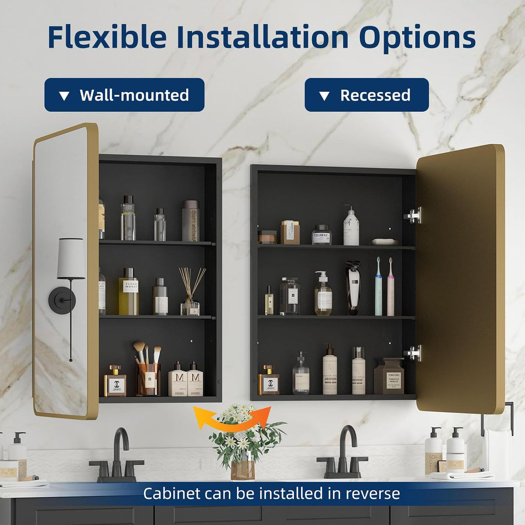 Medicine Cabinet 20 x 28 Inch, Brush Gold Bathroom Medicine Cabinet with Mirror,Metal Beveled Mirror, Adjustable