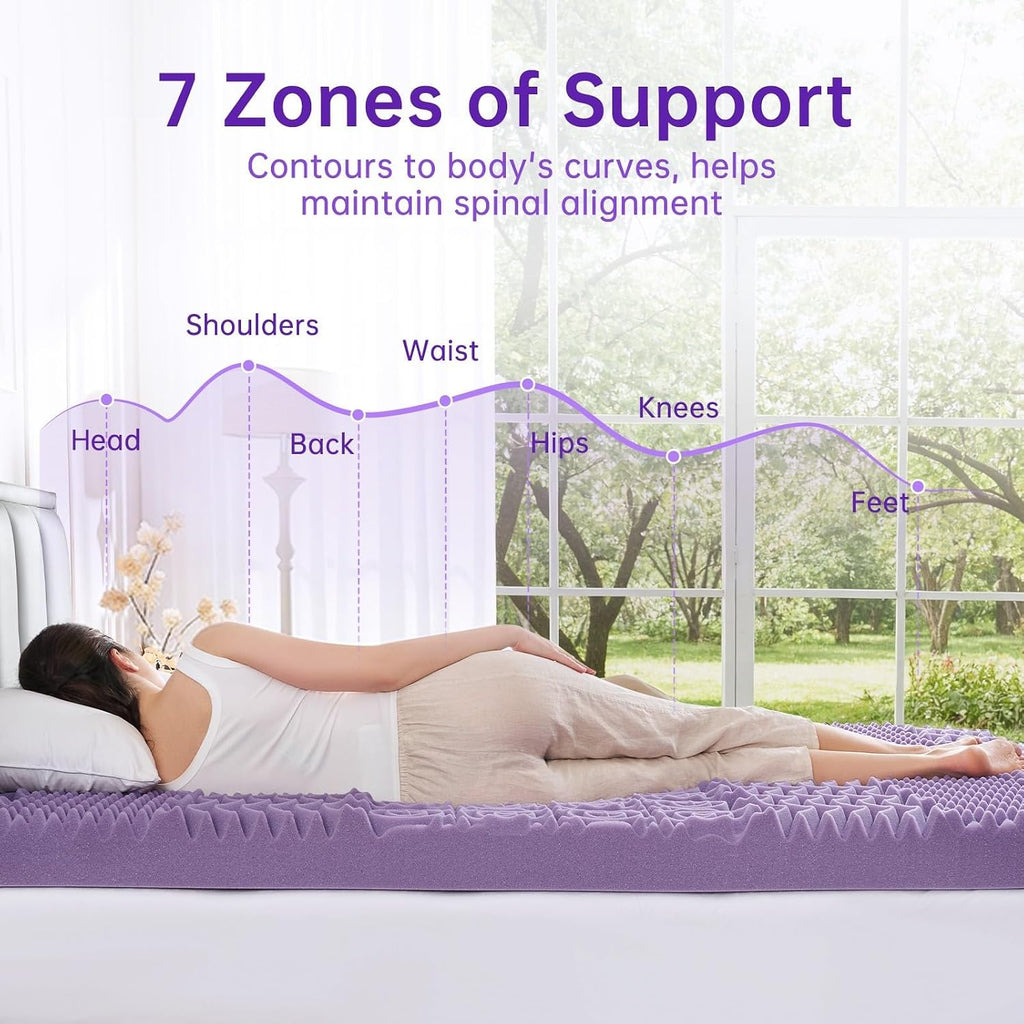 3 Inch 7-Zone Queen Mattress Topper, Egg Crate Memory Foam Mattress Topper Queen Size for Back Pain, Lavender Gel