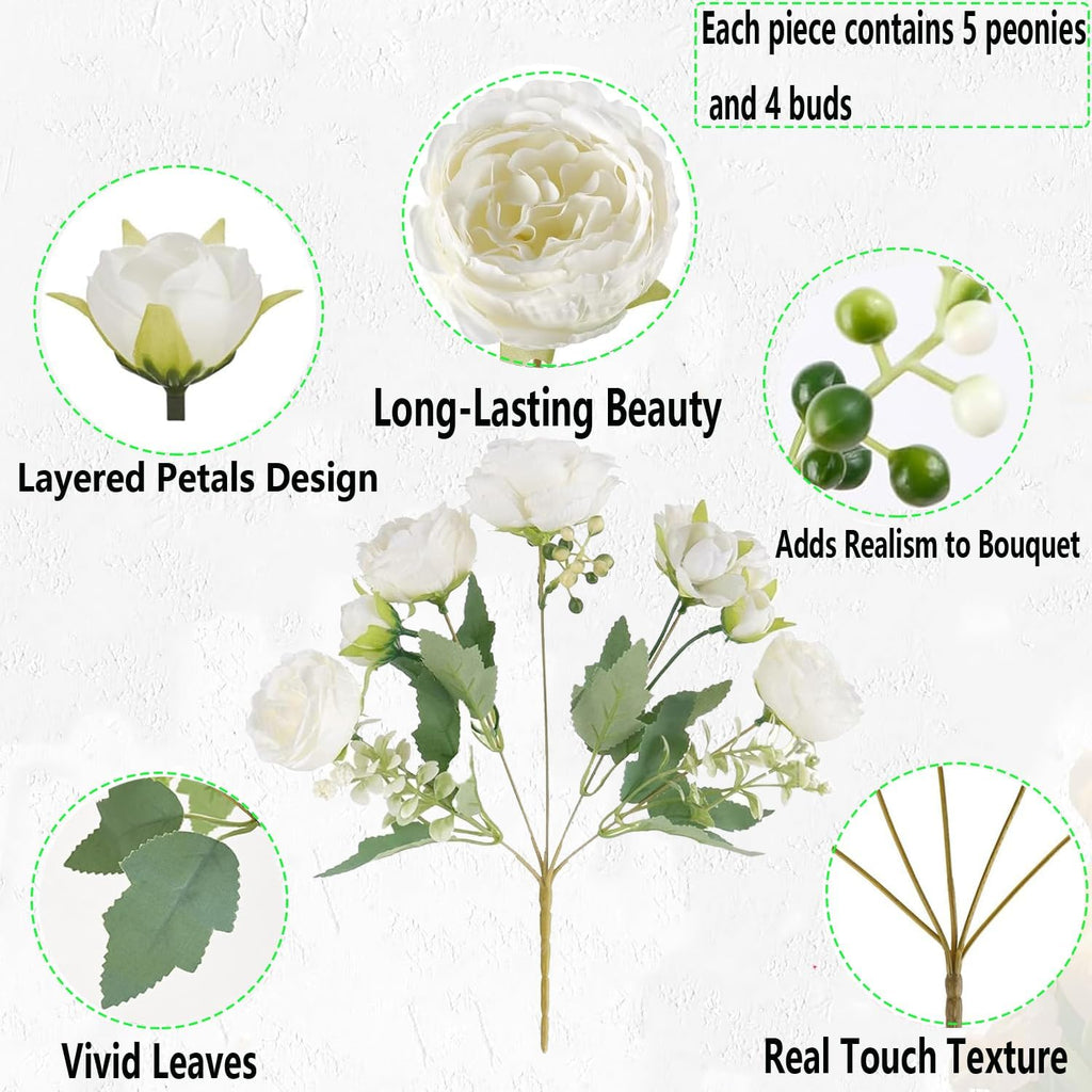 Peonies Artificial Flowers 12 Bouquets, White Flowers Lifelike Silk Fake Peonies with Stems Table Centerpieces