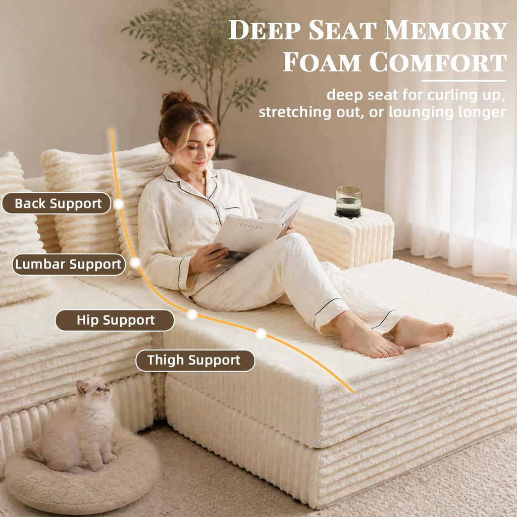 80" Cloud Modular Sectional Sofa, Boneless Corduroy Couch Sofa with Cup Holders & Side Pockets, L-Shaped Couch with