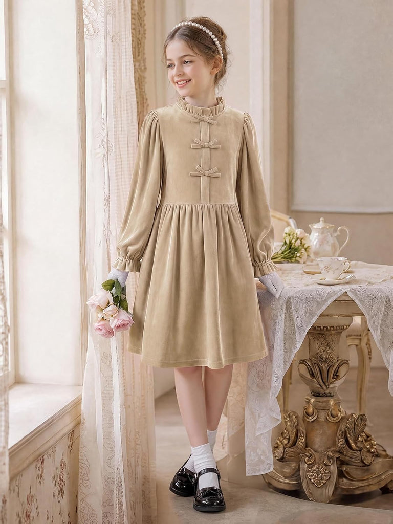 Girls Velvet Long Sleeve Dress Ruffled A-Line Party Dresses