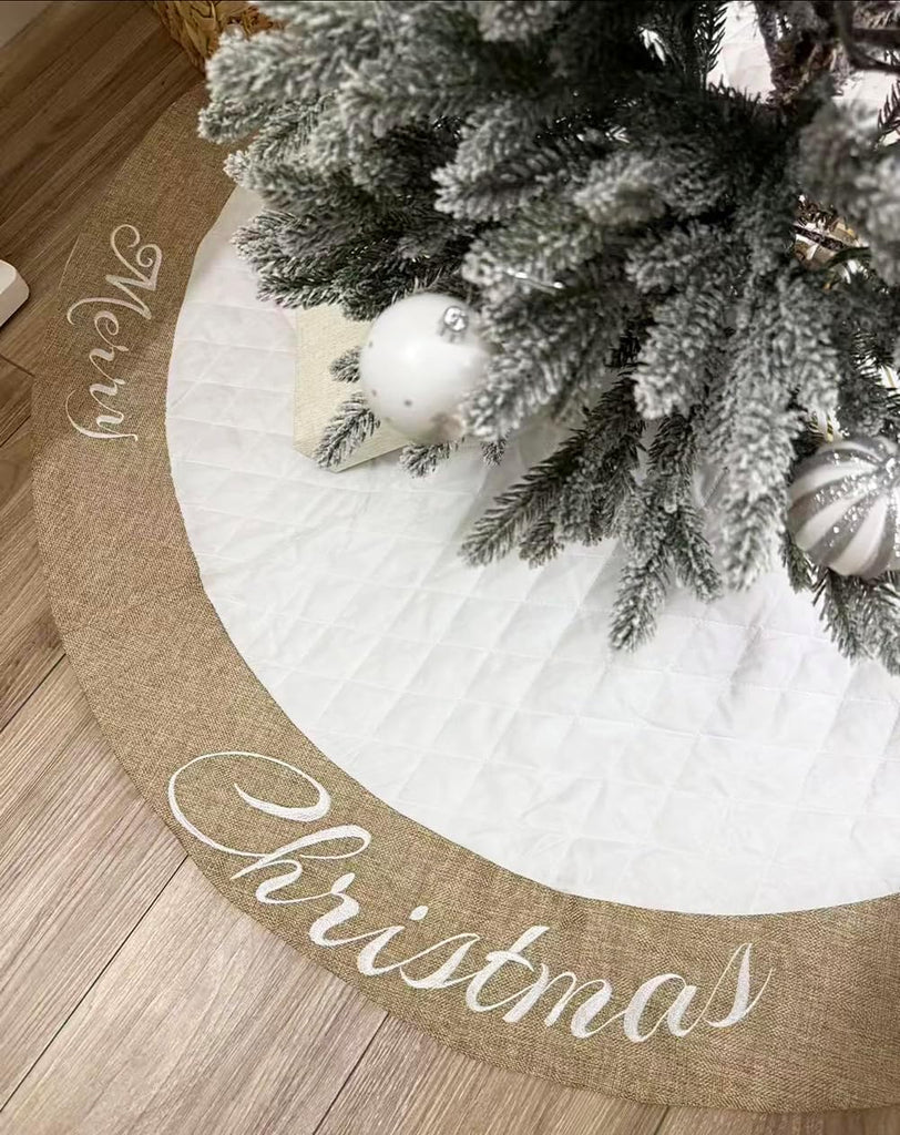 48 Inch Christmas Tree Skirt White Thick Luxury Quilted Cotton with Burlap Decoration for Merry Christmas Party