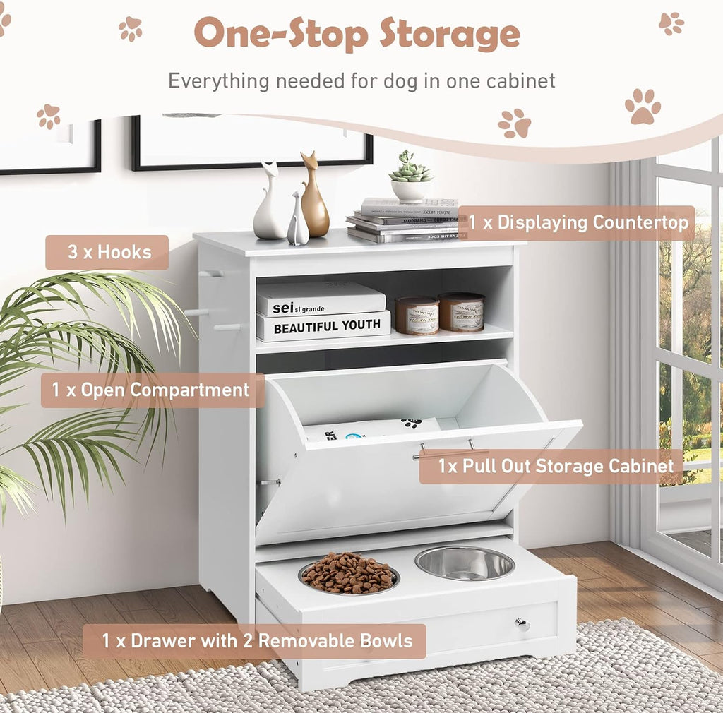 Dog Feeding Station Dogs Food Storage Cabinet Pet Feeder Container with 2 Thick 50oz Stainless Steel Raised Dog Food