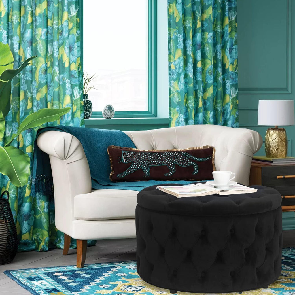 Round Storage Ottoman, Button Tufted Upholstered Ottoman with Removable Top, Storage Bench Coffee Table Footrest