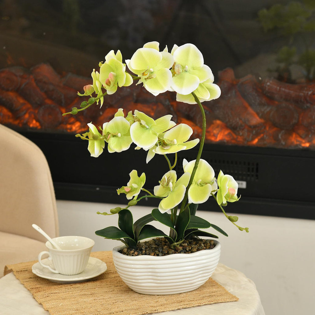 Large Silk Orchid in Wave Pot 19" Phalaenopsis Plant for Table, Apple Green